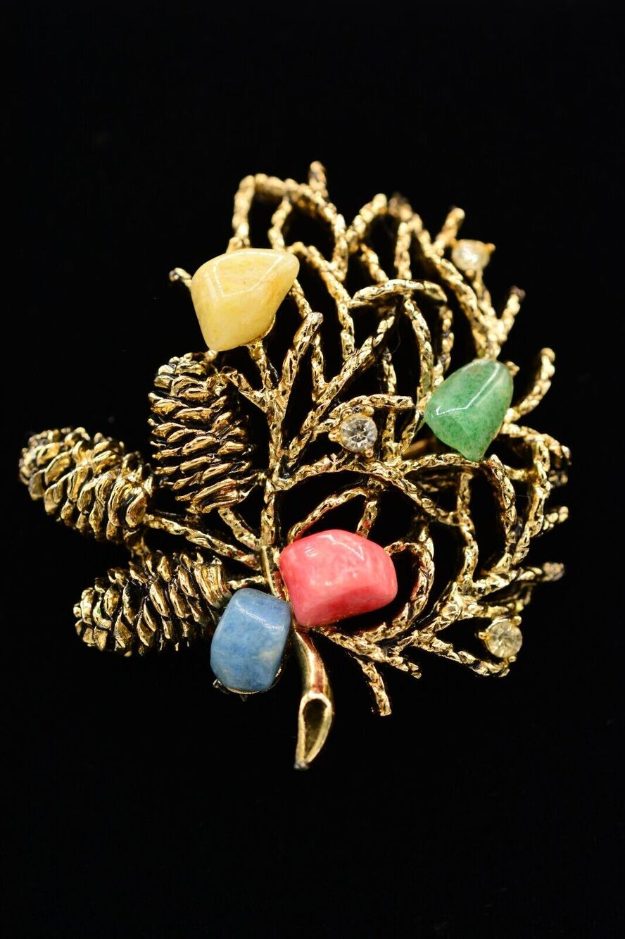 Vintage Pinecone Leaf Pin Brooch Antiqued Gold Multi-Color Cabochon 1980s BinJ